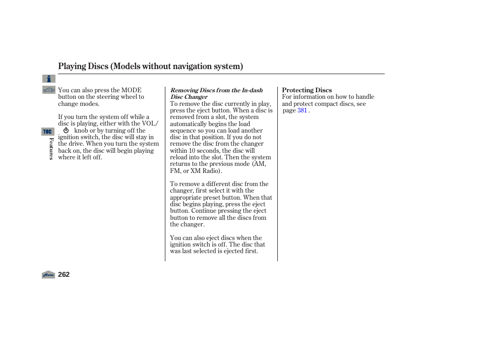 Playing discs (models without navigation system) | Acura 2012 TL User Manual | Page 266 / 650