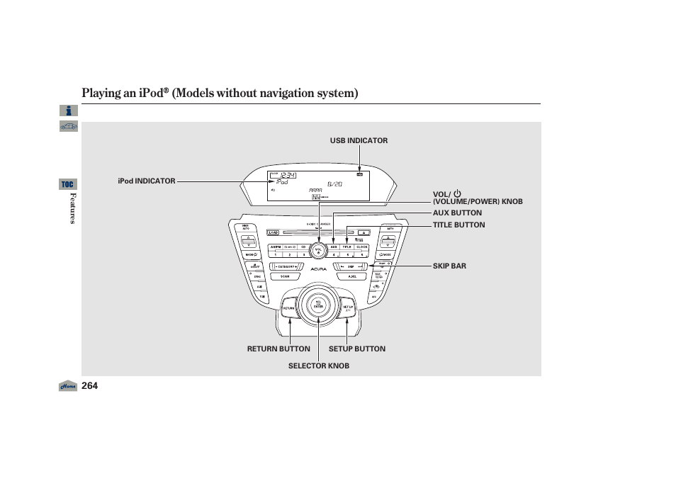 Playing an ipod (models without navigation system), 2012 tl | Acura 2012 TL User Manual | Page 268 / 650