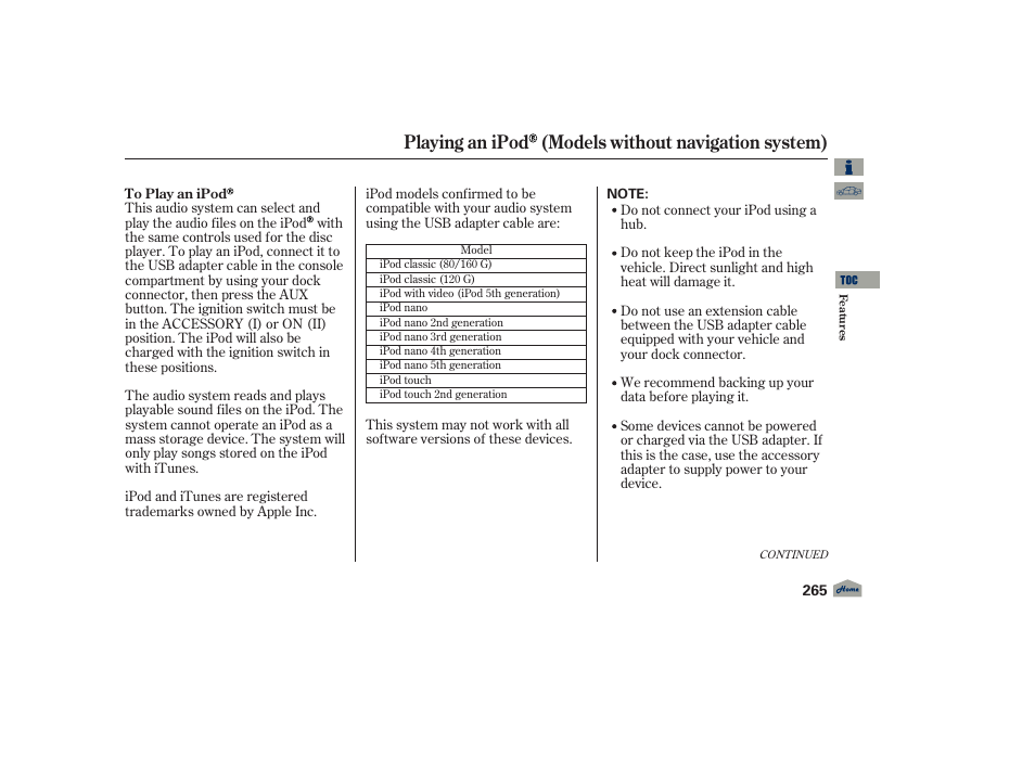 Playing an ipod (models without navigation system) | Acura 2012 TL User Manual | Page 269 / 650