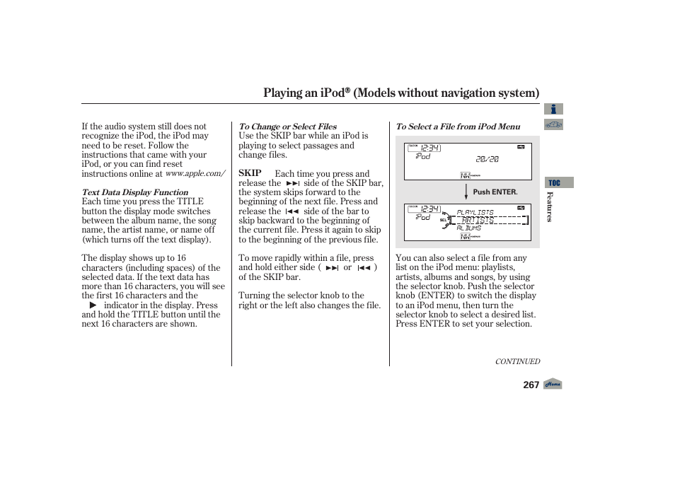 Playing an ipod (models without navigation system) | Acura 2012 TL User Manual | Page 271 / 650