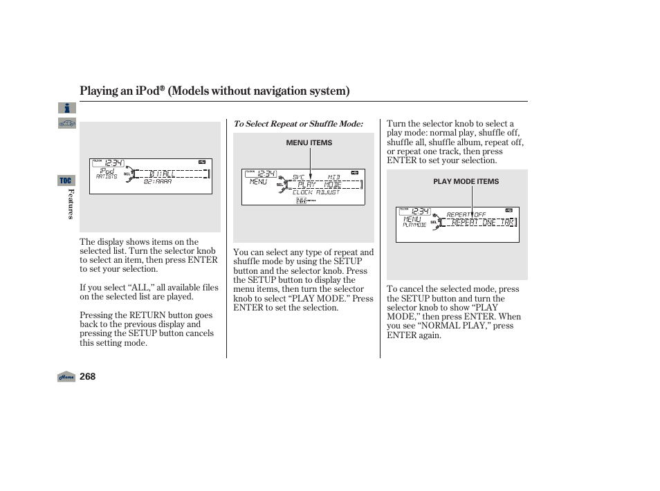 Playing an ipod (models without navigation system) | Acura 2012 TL User Manual | Page 272 / 650