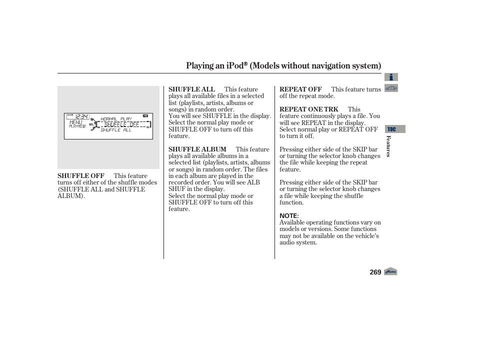 Playing an ipod (models without navigation system) | Acura 2012 TL User Manual | Page 273 / 650