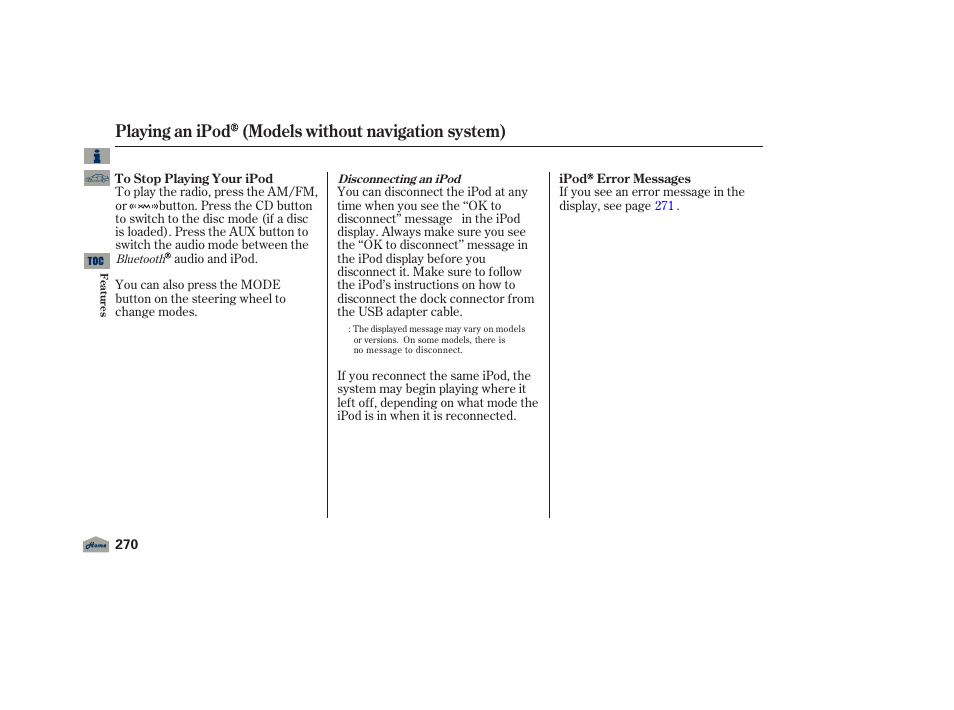 Playing an ipod (models without navigation system), 2012 tl | Acura 2012 TL User Manual | Page 274 / 650