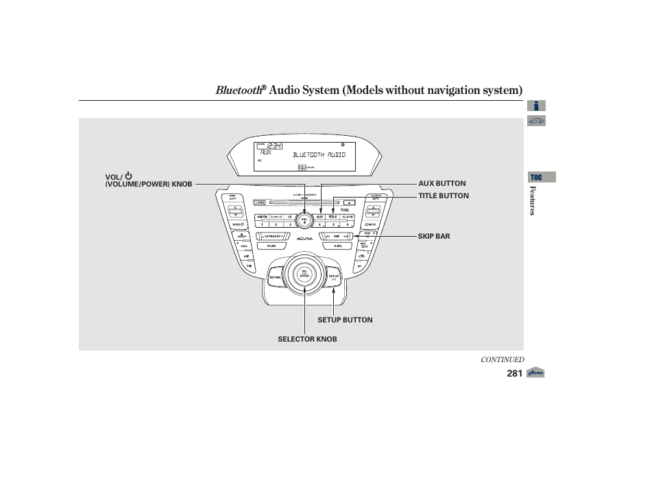 Audio system (models without navigation system), Bluetooth, 2012 tl | Acura 2012 TL User Manual | Page 285 / 650