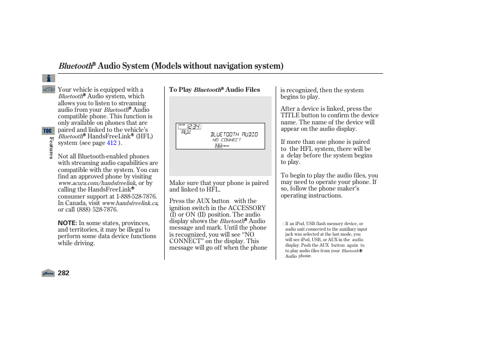 Audio system (models without navigation system), Bluetooth | Acura 2012 TL User Manual | Page 286 / 650