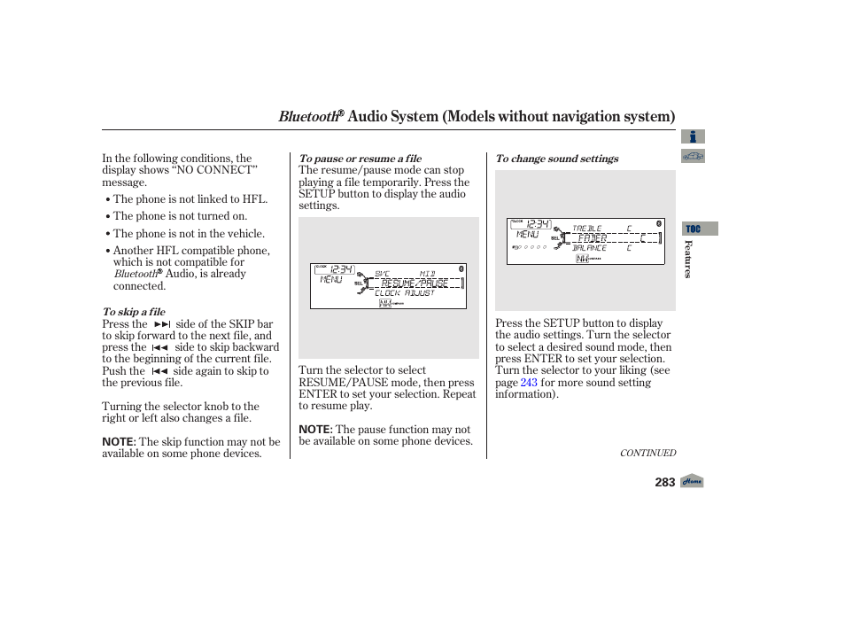 Audio system (models without navigation system), Bluetooth | Acura 2012 TL User Manual | Page 287 / 650