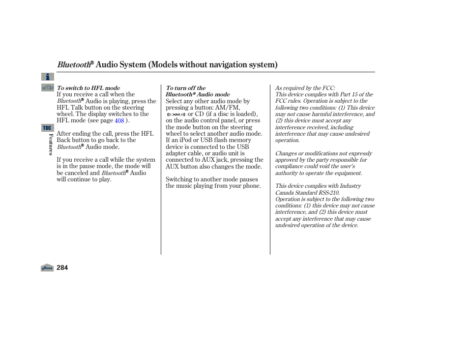 Audio system (models without navigation system), Bluetooth | Acura 2012 TL User Manual | Page 288 / 650