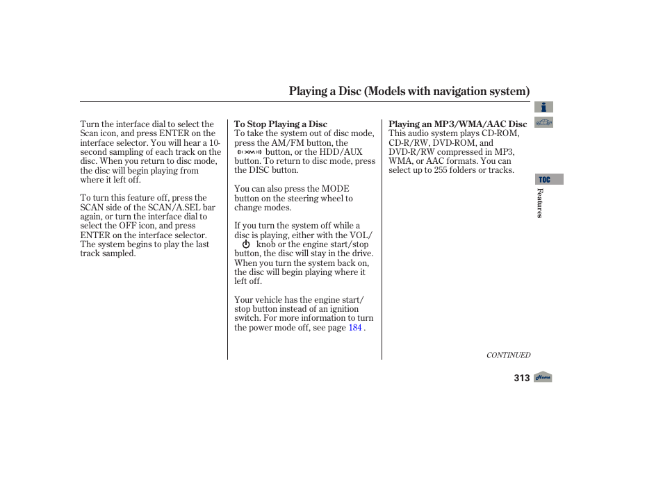 Playing a disc (models with navigation system) | Acura 2012 TL User Manual | Page 317 / 650