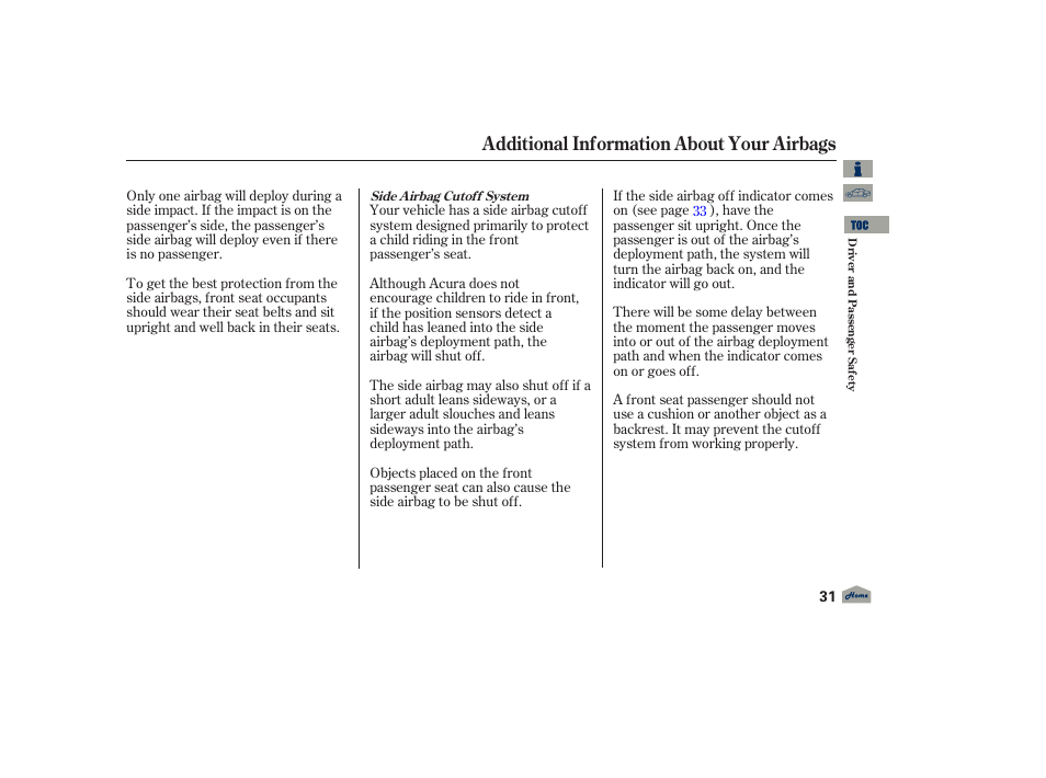 Additional information about your airbags | Acura 2012 TL User Manual | Page 35 / 650
