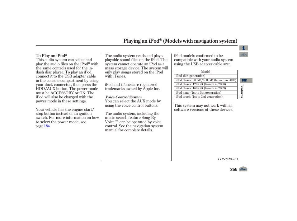Playing an ipod (models with navigation system), 2012 tl | Acura 2012 TL User Manual | Page 359 / 650