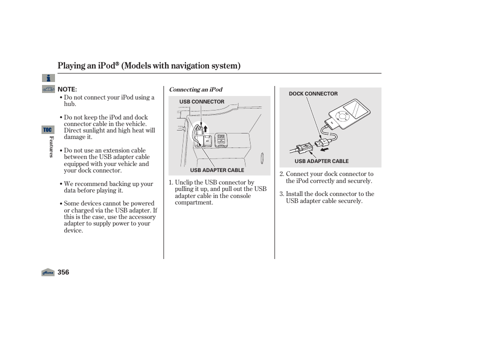 Playing an ipod (models with navigation system) | Acura 2012 TL User Manual | Page 360 / 650