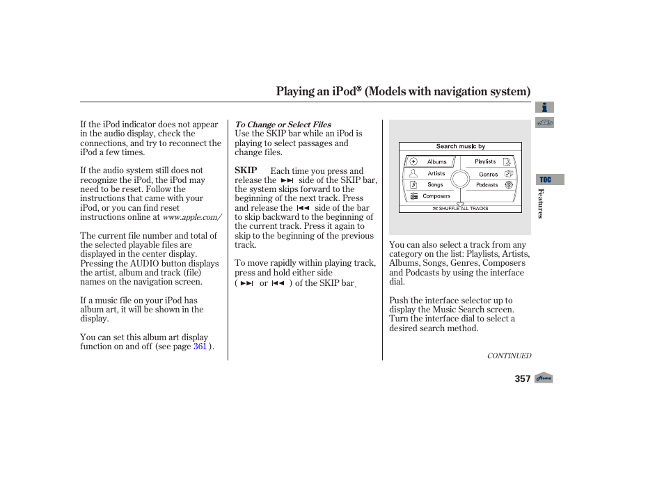 Playing an ipod (models with navigation system) | Acura 2012 TL User Manual | Page 361 / 650