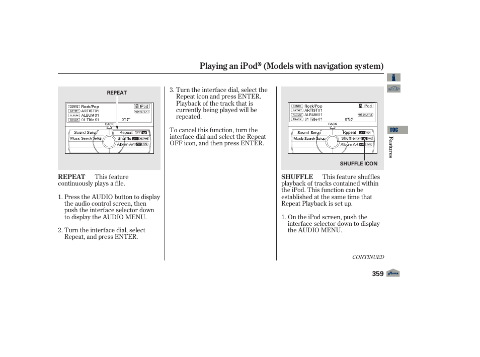 Playing an ipod (models with navigation system) | Acura 2012 TL User Manual | Page 363 / 650