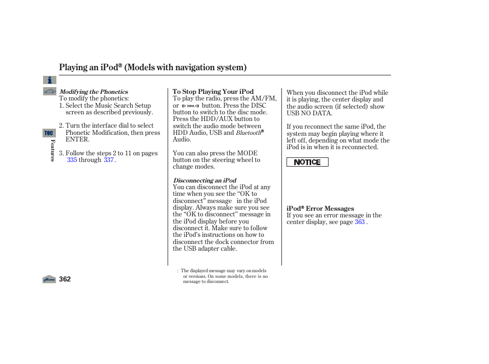 Playing an ipod (models with navigation system) | Acura 2012 TL User Manual | Page 366 / 650