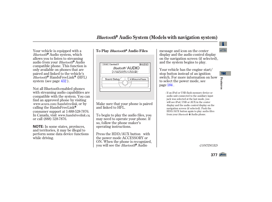 Audio system (models with navigation system), Bluetooth | Acura 2012 TL User Manual | Page 381 / 650