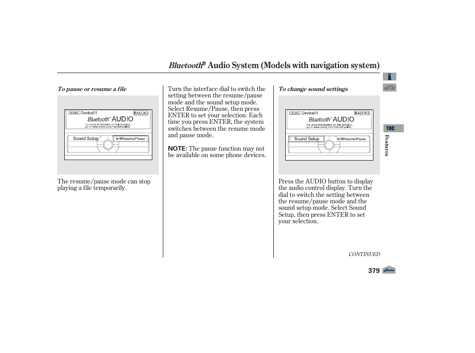 Audio system (models with navigation system), Bluetooth | Acura 2012 TL User Manual | Page 383 / 650