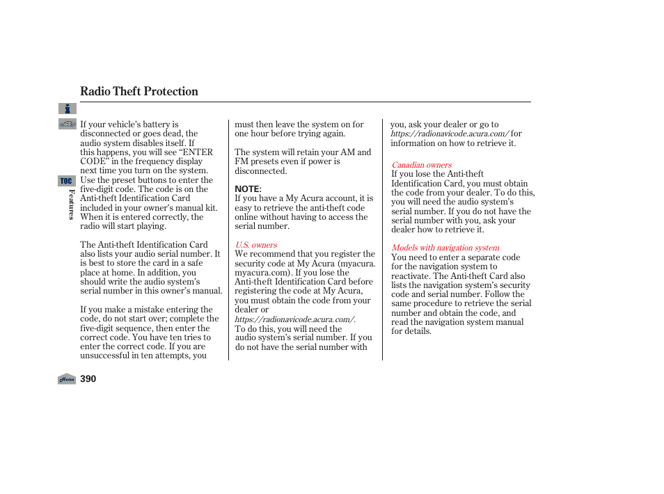 Radio theft protection | Acura 2012 TL User Manual | Page 394 / 650