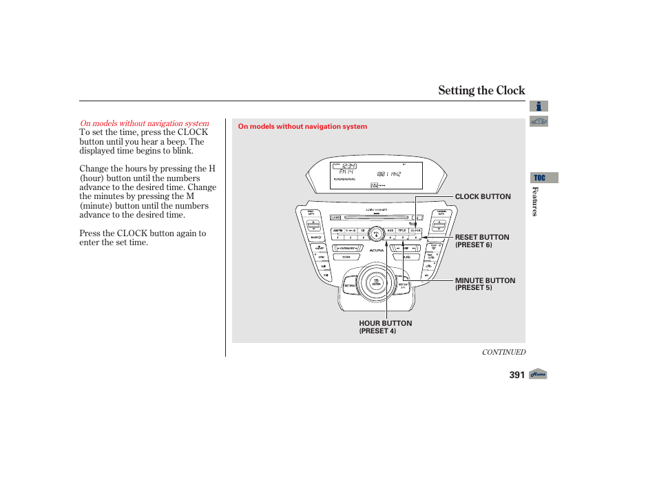 Setting the clock, 2012 tl | Acura 2012 TL User Manual | Page 395 / 650