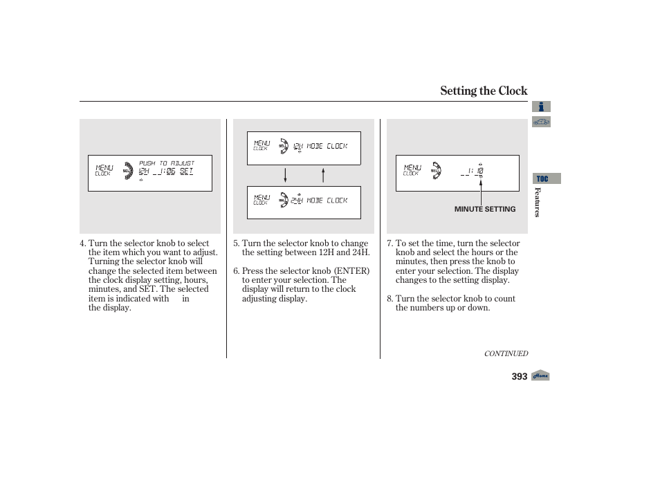 Setting the clock | Acura 2012 TL User Manual | Page 397 / 650