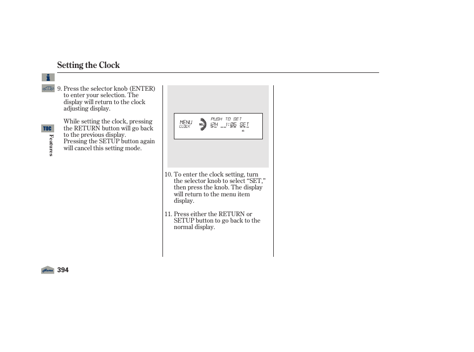 Setting the clock | Acura 2012 TL User Manual | Page 398 / 650