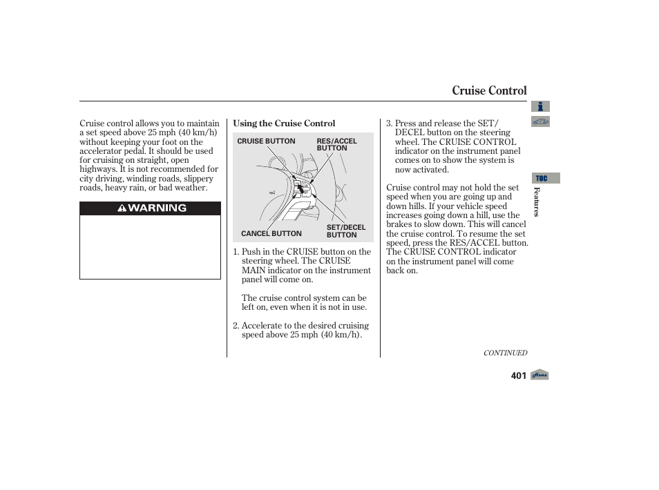 Cruise control | Acura 2012 TL User Manual | Page 405 / 650