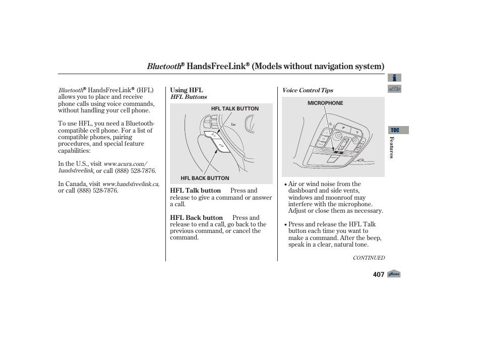 Handsfreelink (models without navigation system), Bluetooth | Acura 2012 TL User Manual | Page 411 / 650