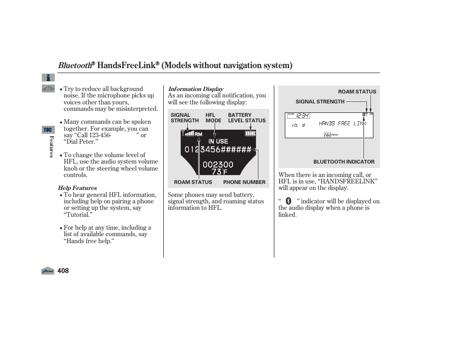 Handsfreelink (models without navigation system), Bluetooth, 2012 tl | Acura 2012 TL User Manual | Page 412 / 650