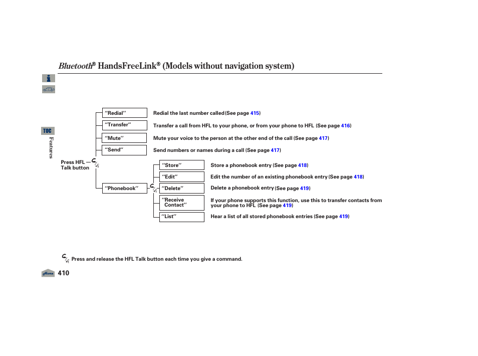 Handsfreelink (models without navigation system), Bluetooth, 2012 tl | Acura 2012 TL User Manual | Page 414 / 650