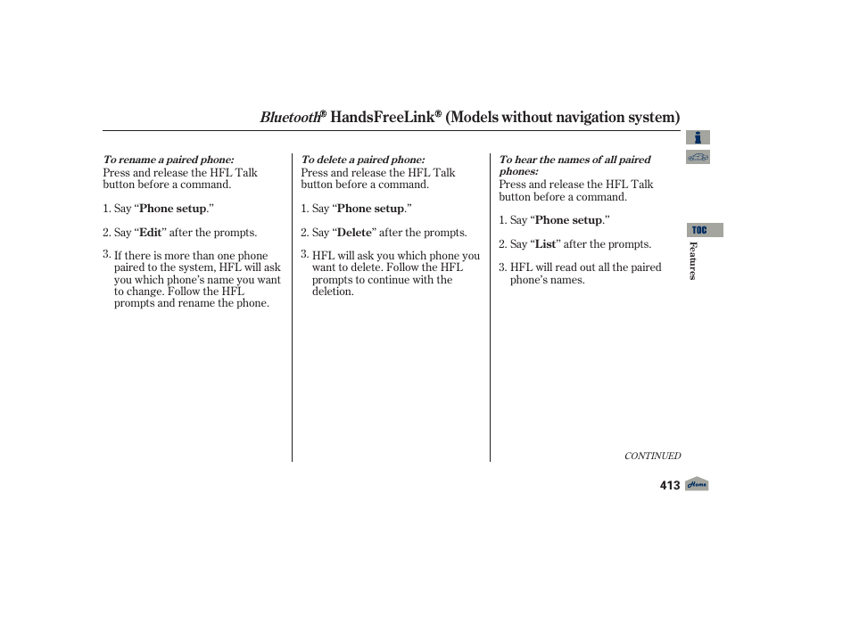 Handsfreelink (models without navigation system), Bluetooth | Acura 2012 TL User Manual | Page 417 / 650