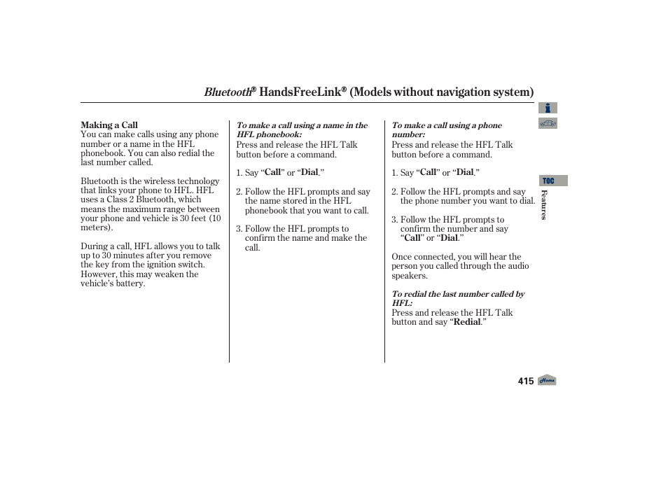 Handsfreelink (models without navigation system), Bluetooth | Acura 2012 TL User Manual | Page 419 / 650