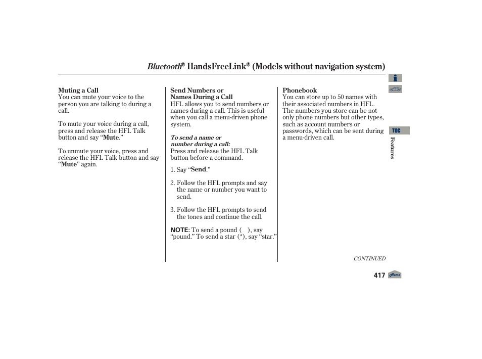 Handsfreelink (models without navigation system), Bluetooth | Acura 2012 TL User Manual | Page 421 / 650