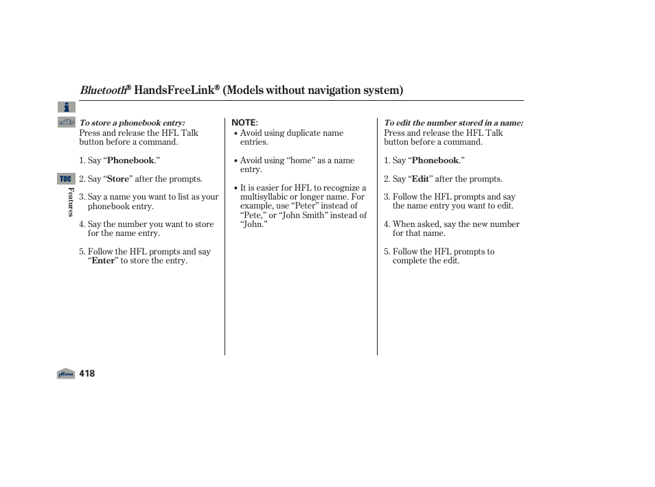 Handsfreelink (models without navigation system), Bluetooth | Acura 2012 TL User Manual | Page 422 / 650