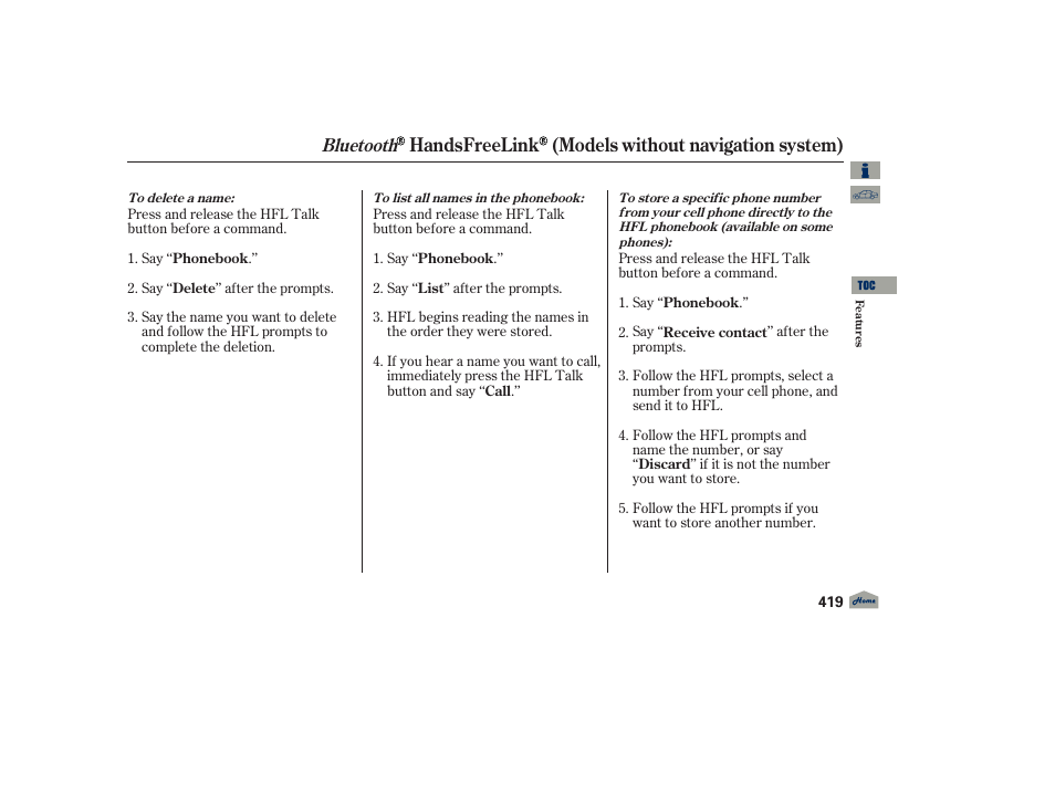 Handsfreelink (models without navigation system), Bluetooth | Acura 2012 TL User Manual | Page 423 / 650