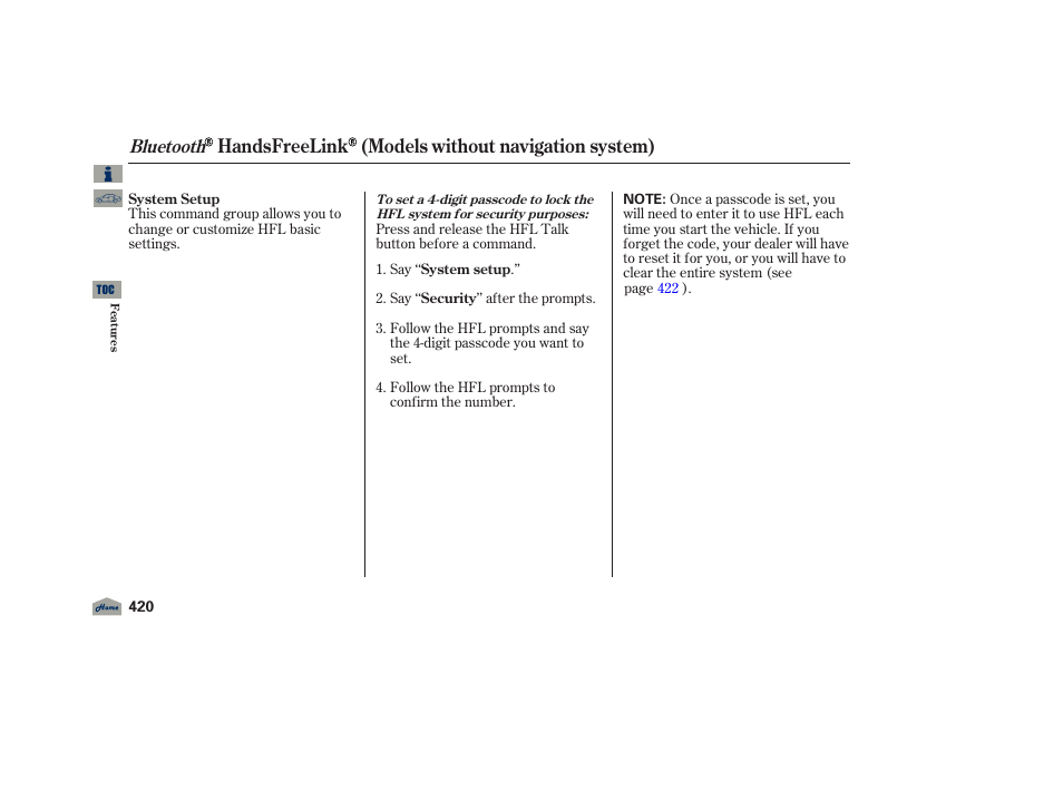 Handsfreelink (models without navigation system), Bluetooth | Acura 2012 TL User Manual | Page 424 / 650