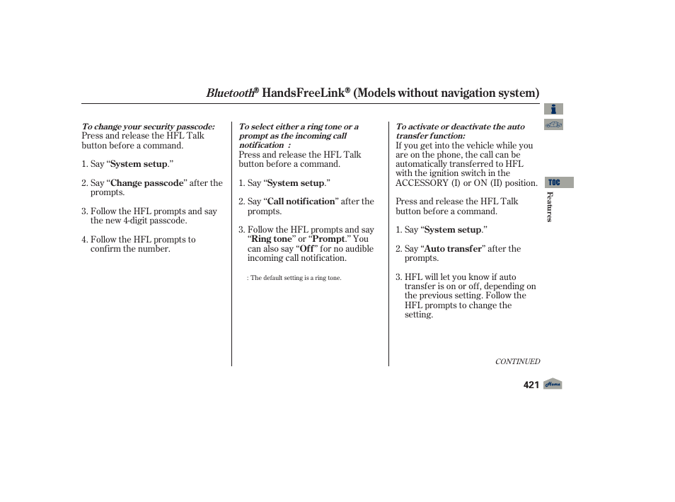 Handsfreelink (models without navigation system), Bluetooth | Acura 2012 TL User Manual | Page 425 / 650