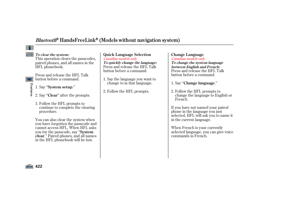 Handsfreelink (models without navigation system), Bluetooth | Acura 2012 TL User Manual | Page 426 / 650