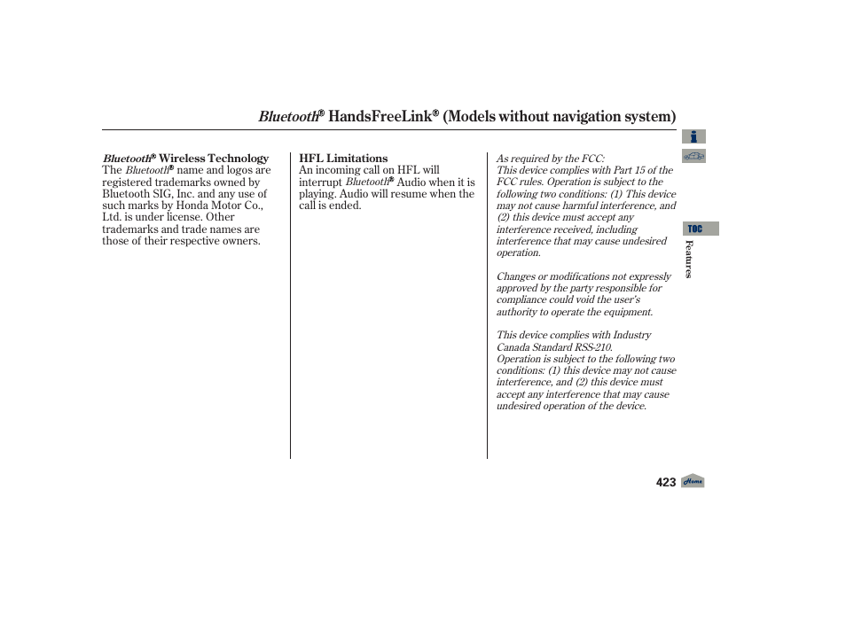 Handsfreelink (models without navigation system), Bluetooth | Acura 2012 TL User Manual | Page 427 / 650