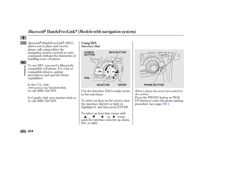 Handsfreelink (models with navigation system), Bluetooth | Acura 2012 TL User Manual | Page 428 / 650