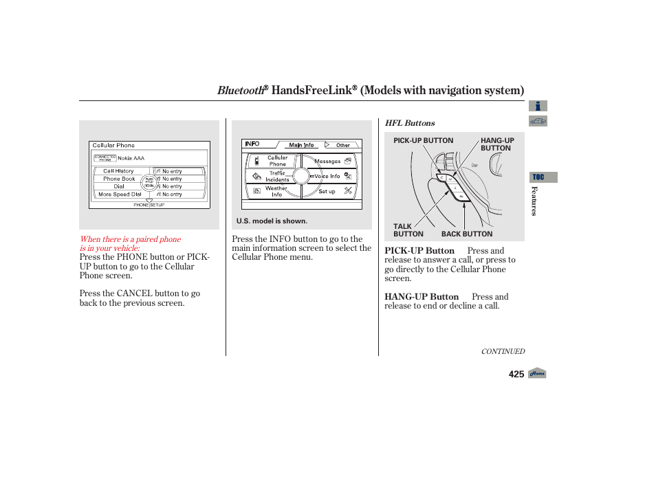 Handsfreelink (models with navigation system), Bluetooth | Acura 2012 TL User Manual | Page 429 / 650