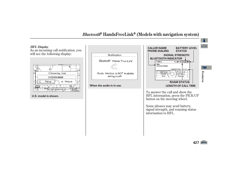 Handsfreelink (models with navigation system), Bluetooth, 2012 tl | Acura 2012 TL User Manual | Page 431 / 650