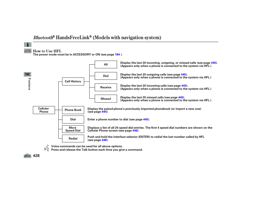 Handsfreelink (models with navigation system), Bluetooth, 2012 tl | Acura 2012 TL User Manual | Page 432 / 650