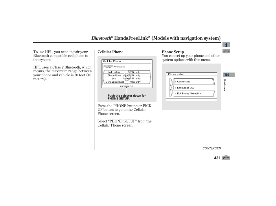 Handsfreelink (models with navigation system), Bluetooth | Acura 2012 TL User Manual | Page 435 / 650