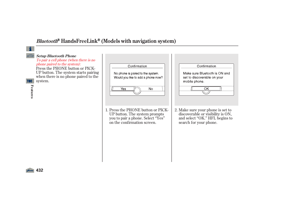 Handsfreelink (models with navigation system), Bluetooth | Acura 2012 TL User Manual | Page 436 / 650
