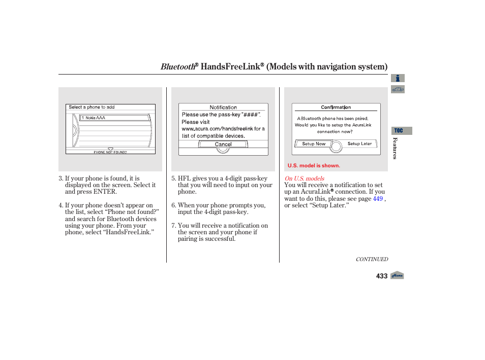 Handsfreelink (models with navigation system), Bluetooth | Acura 2012 TL User Manual | Page 437 / 650