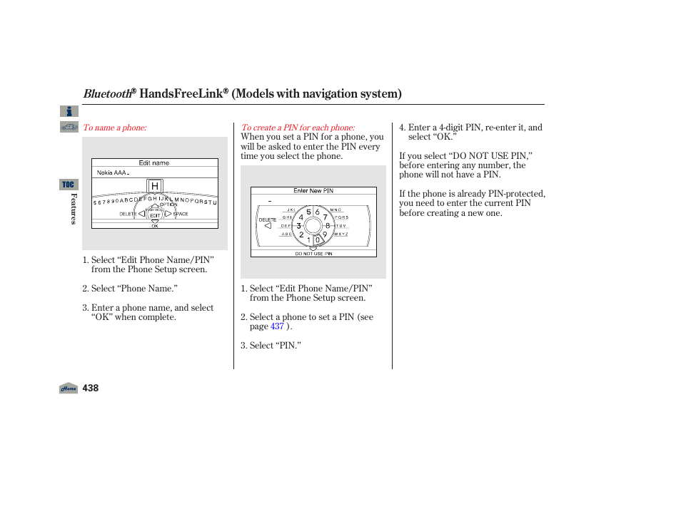 Handsfreelink (models with navigation system), Bluetooth | Acura 2012 TL User Manual | Page 442 / 650