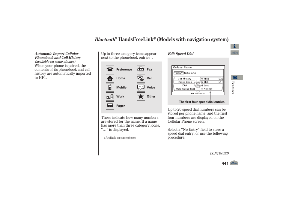 Handsfreelink (models with navigation system), Bluetooth, 2012 tl | Acura 2012 TL User Manual | Page 445 / 650