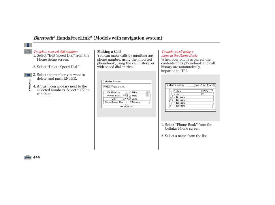 Handsfreelink (models with navigation system), Bluetooth | Acura 2012 TL User Manual | Page 448 / 650