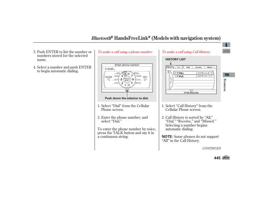 Handsfreelink (models with navigation system), Bluetooth | Acura 2012 TL User Manual | Page 449 / 650