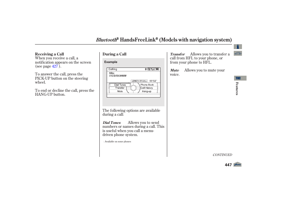 Handsfreelink (models with navigation system), Bluetooth, 2012 tl | Acura 2012 TL User Manual | Page 451 / 650