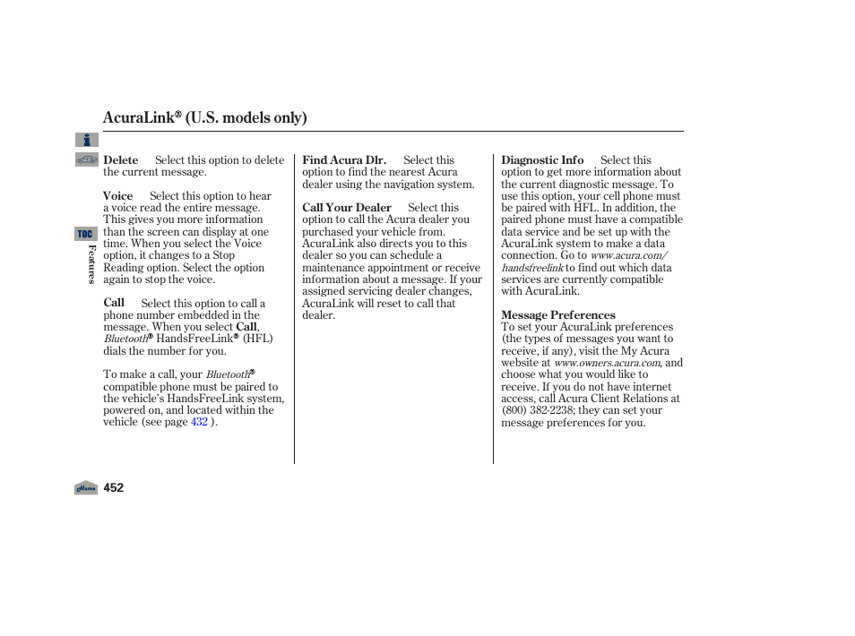 Acuralink (u.s. models only) | Acura 2012 TL User Manual | Page 456 / 650